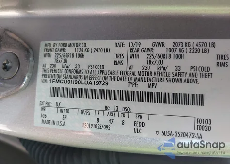 2020 Ford Escape Sel z USA, uszkodzony, nr VIN 1FMCU9H90LUA19729